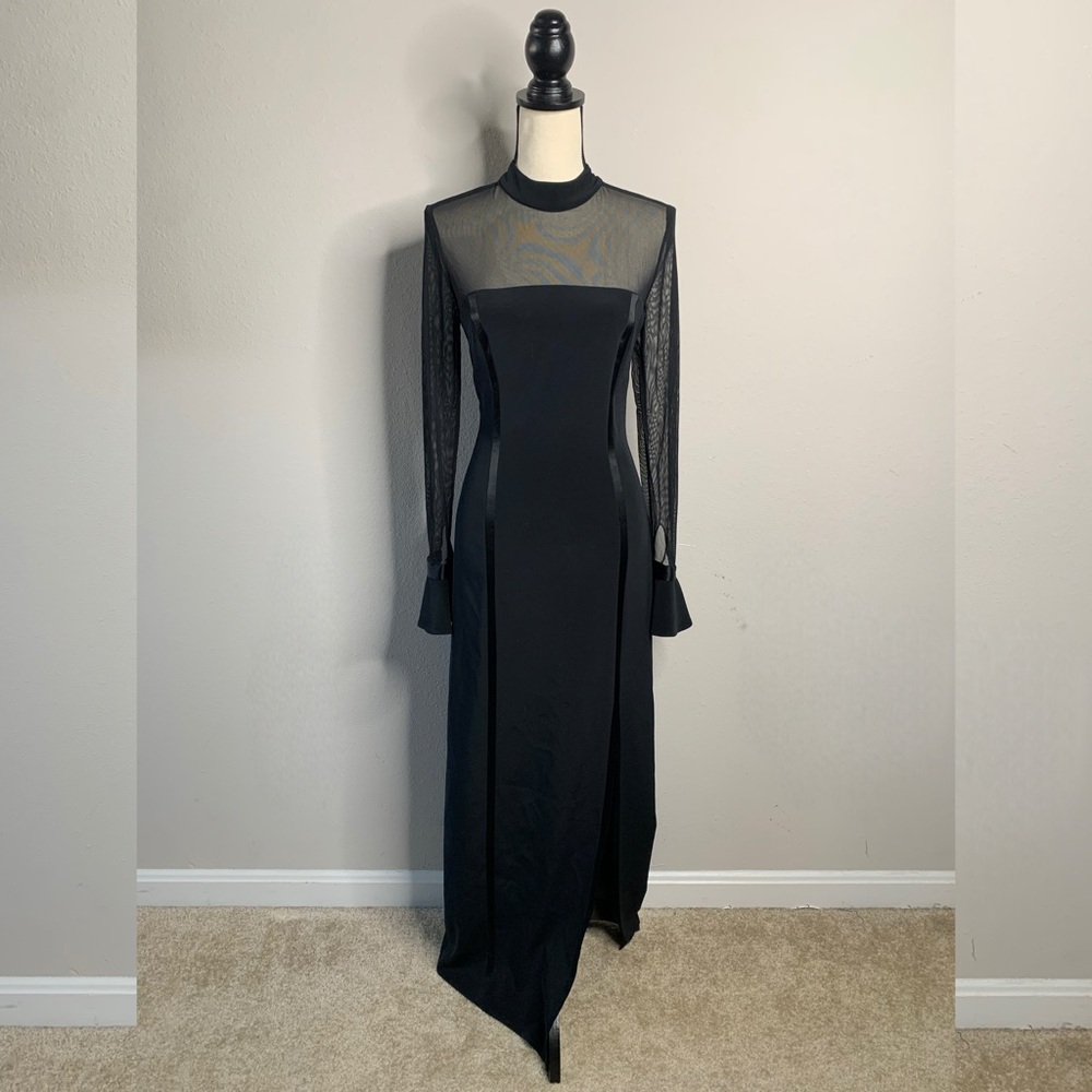 Oleg Cassini Black Sheer Mesh Long Sleeve High Split Maxi Formal Maxi Gown - Picture 4 of 16